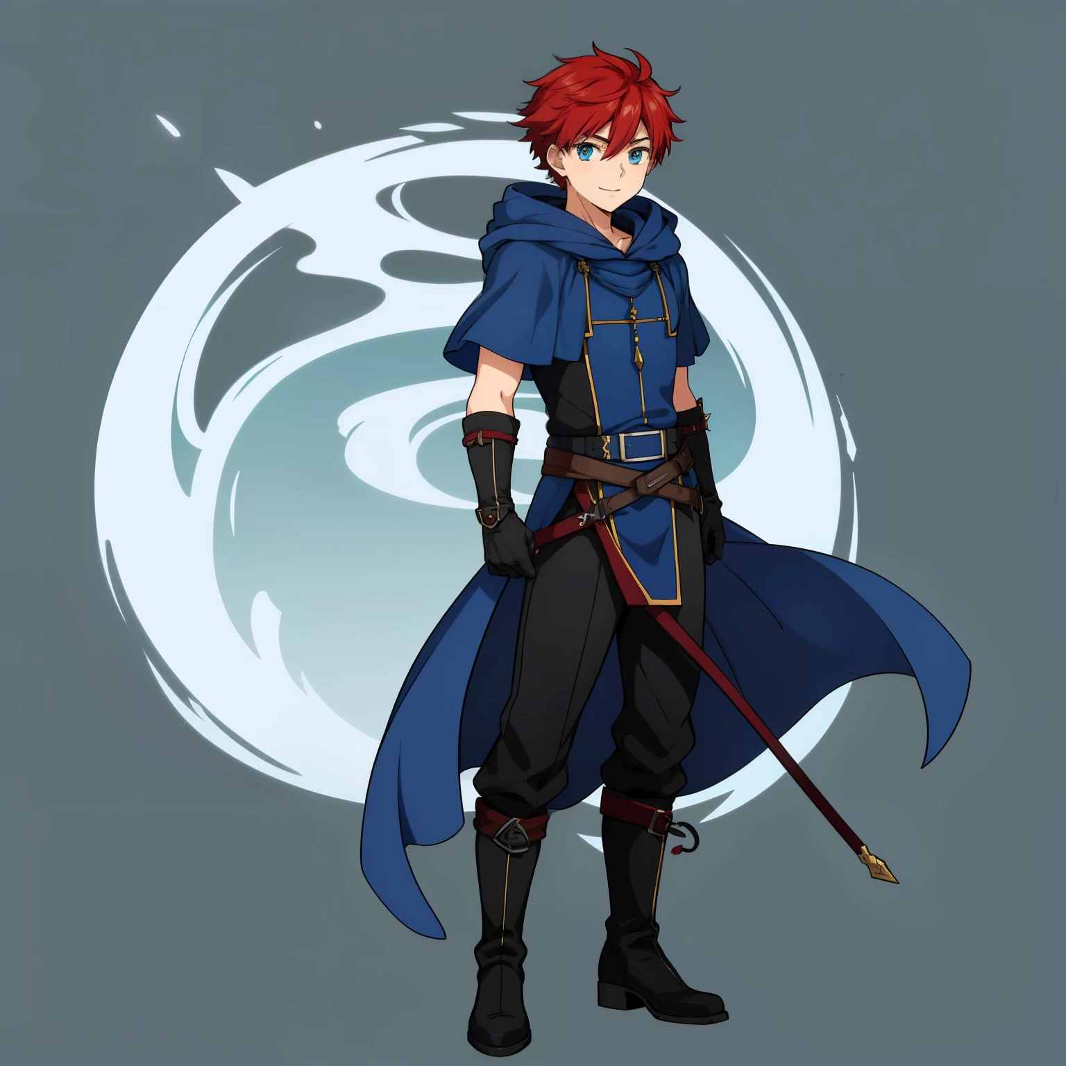 (high-quality, breathtaking),(expressive eyes, perfect face) 1male, boy , solo, young adult, short hair length, fluffy spiked hair, red hair and eyes, sky blue hooded cape, hood up, grey background, symmetrical eyes, full body, portrait, symmetrical body, centred composition, gloves, boots, fantasy attire, mage profession, fire emblem, smile, positive expression, blue and white robe, black under shirt, black baggy pants, kind face, simple background
