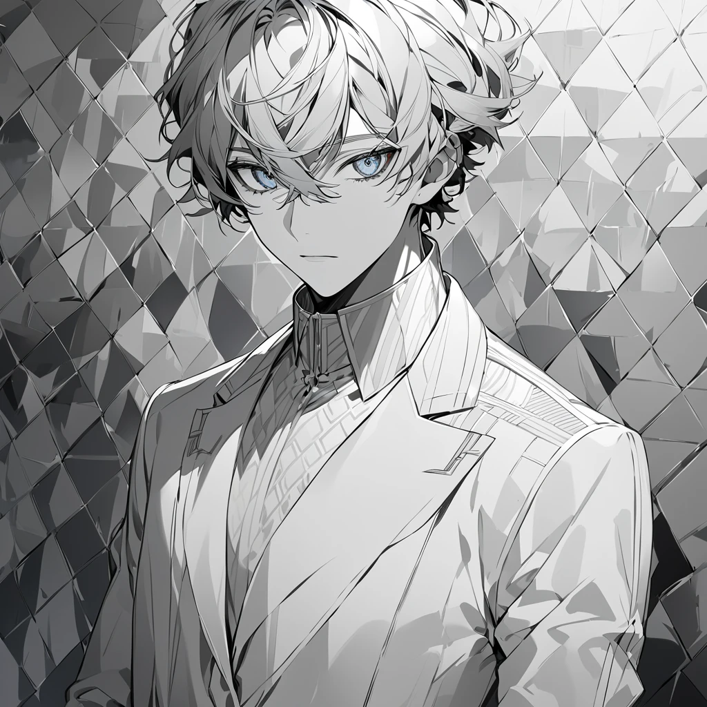 " A male character with short hair and gray ,  in a completely monochrome color palette ,  composed only of shades of gray and white .  His appearance is elegant and minimalist ,  with soft detailed features and expressive eyes in light gray .  He wears modern and stylized clothes ,  like a suit with geometric details, maintaining the monochrome style .  The lighting highlights the contrasts between the different shades of gray,  creating a dramatic and artistic effect .  The background is simple ,  in white or gray ,  to keep the focus on the character ."