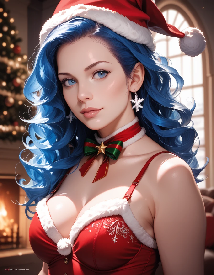 (3/4 body shot:1.6), (Masterpiece, Photorealistic, photo realism, Best Quality, Ultra-detailed:1.3), (nice hands, perfect arms), official arts, cinematiclight, (1girl:1.3), Adult, (absurdress, intricate details) portrait of a very attractive woman, kneeling on the floor near the Christmas tree, (long straight hair with bangs), (Gradient hair:1.3), (two tone hair:1.33), (navy blue hair) disappears earlier (light-blue hair), (beautiful sparkling blue eyes:1.2), (tender gentle face), (beatiful face), (a goddess), (mascara:1.2), (eyeshadows:1.33), (eye liner:1.33), (blusher), (red glossy lips:1.25), smirk, (((dressed like Santa'assistant))), House in the village, fireplace, rug, Christmas tree, Window, Snow outside, (cinematiclighting:1.22)