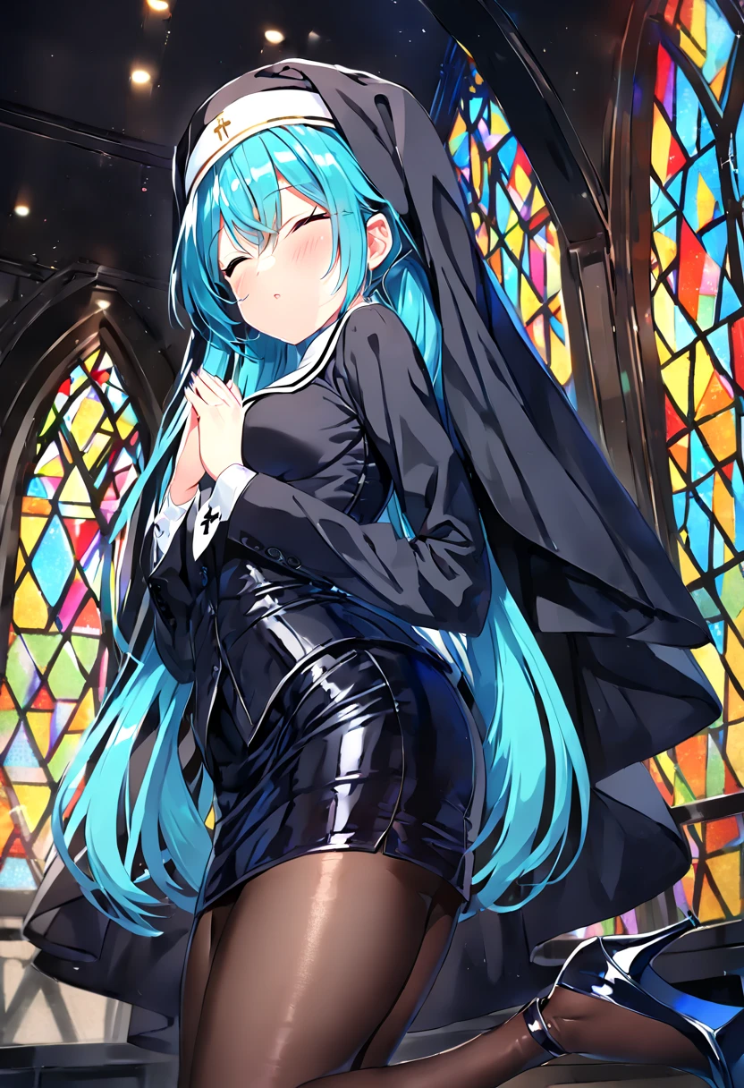 (hatsune miku:1.2), (gleaming skin, shiny skin:1.4), (nun clothes, pencil skirt:1.4), (pantyhose:1.4), (high heels:1.4), (closed eye, holy pray:1.4), (cowboy shot:1.4), (luxurious penthouse, indoor rooftop cathedral, stained glass:1.4), (midnight:1.4),