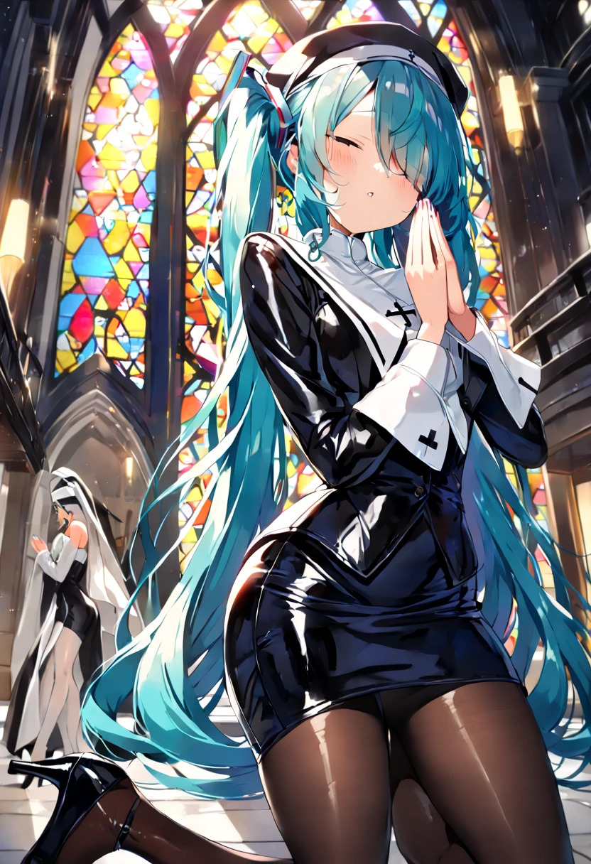 (hatsune miku:1.2), (gleaming skin, shiny skin:1.4), (nun clothes, pencil skirt:1.4), (pantyhose:1.4), (high heels:1.4), (closed eye, holy pray:1.4), (cowboy shot:1.4), (luxurious penthouse, indoor rooftop cathedral, stained glass:1.4), (midnight:1.4),