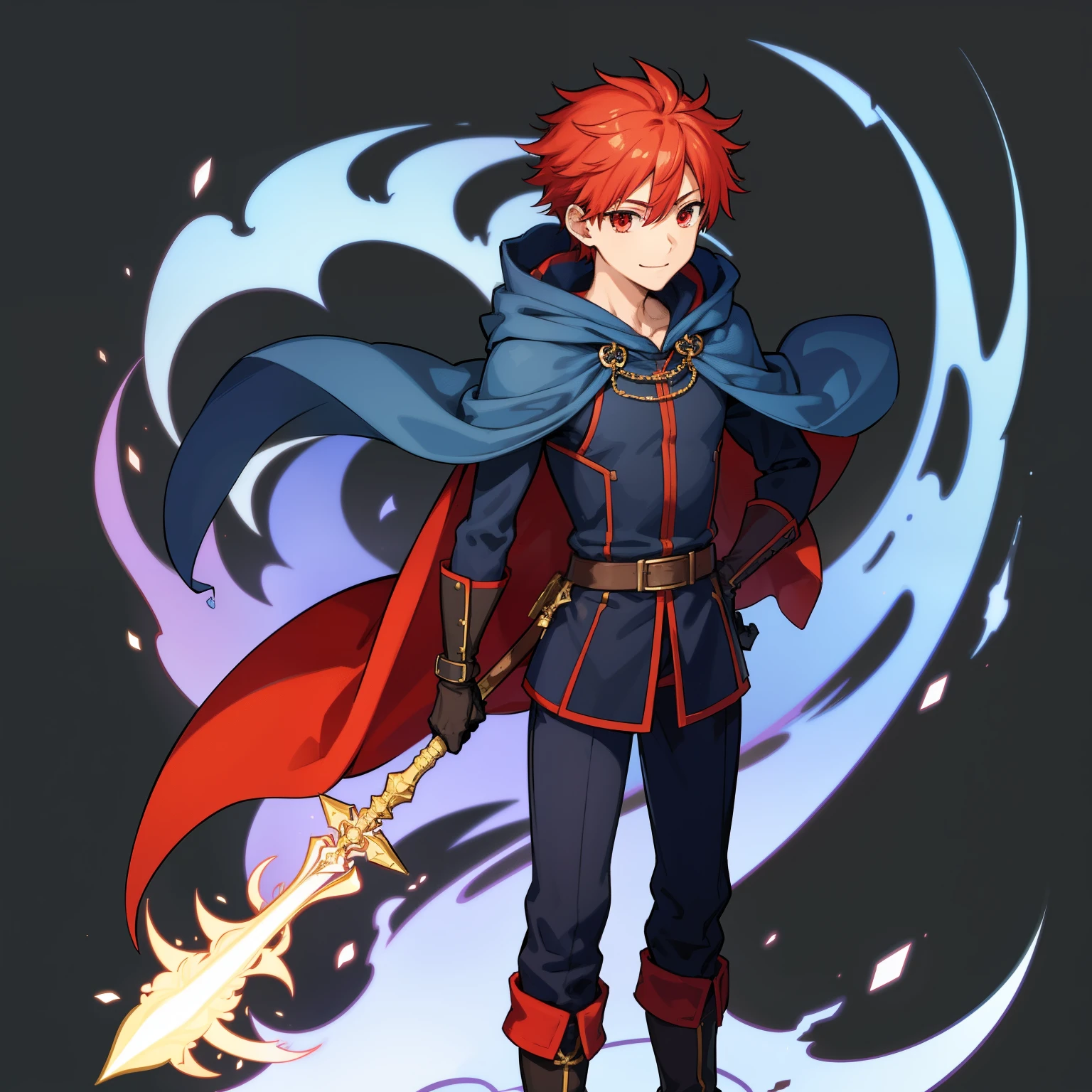 (high-quality, breathtaking),(expressive eyes, perfect face) 1male, boy , solo, young adult, short hair length, fluffy spiked hair, red hair, red eyes, sky blue hooded cape, hood up, grey background, symmetrical eyes, full body, portrait, symmetrical body, centred composition, gloves, boots, fantasy attire, mage profession, wizard, fire emblem, smile, positive expression, blue and white robe, black under shirt, black baggy pants, kind face, simple background
