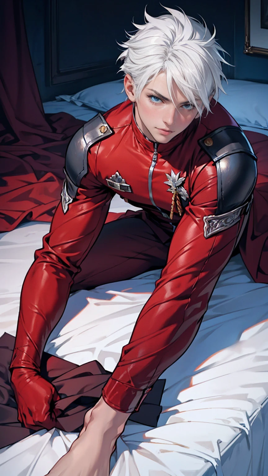 Young boy with white hair ,  realistic detailed blue eyes, sexy body, wearing realistic detailed blue eyes , red gloves,  lying on his bed,, barefoot, lying on open legs 