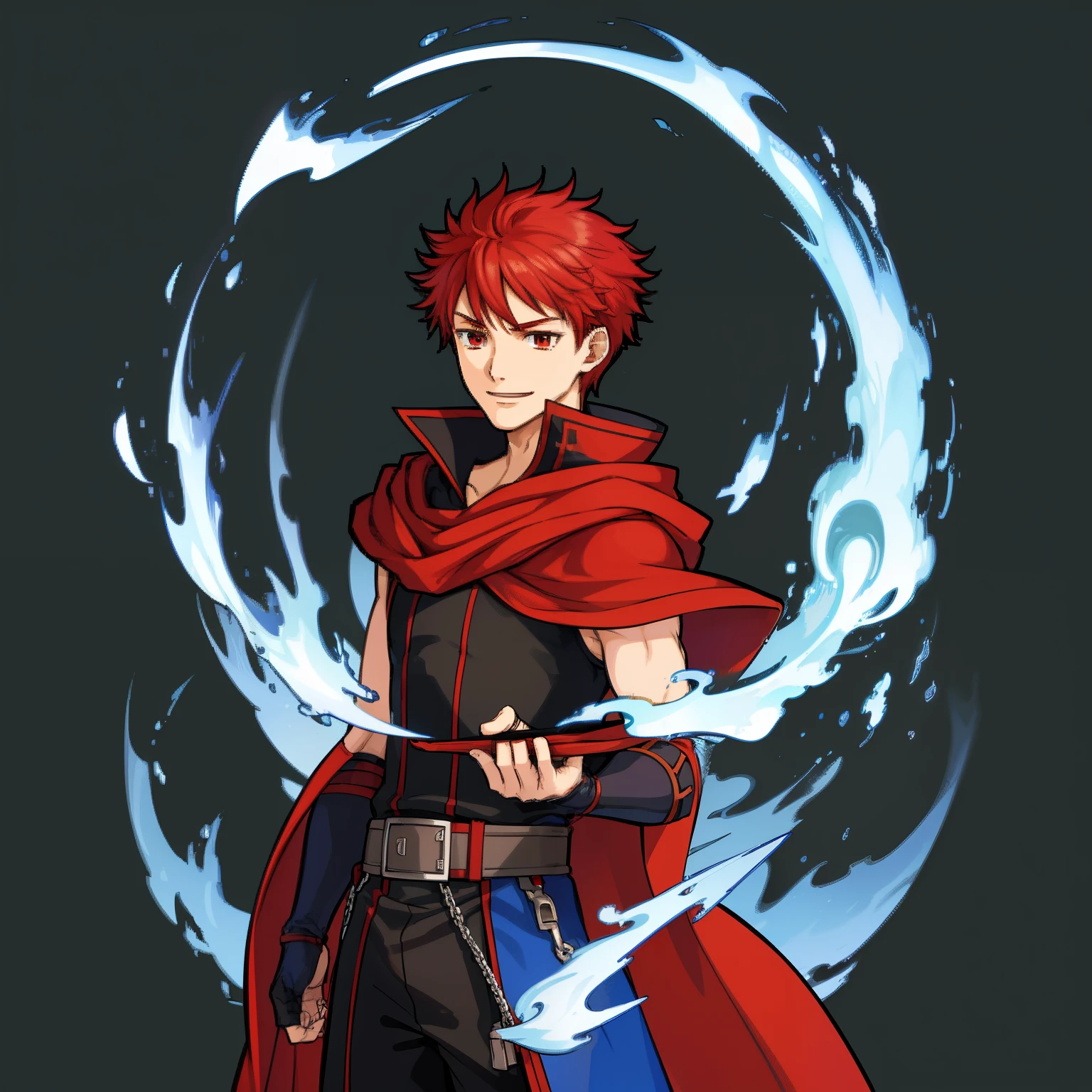 (high-quality, breathtaking),(expressive eyes, perfect face) 1male, boy , solo, young adult, short hair length, fluffy spiked hair, red hair, red eyes, sky blue hooded cape, hood up, grey background, symmetrical eyes, full body, portrait, symmetrical body, centred composition, gloves, boots, fantasy attire, mage profession, wizard, fire emblem, smile, positive expression, blue and white robe, black under shirt, black baggy pants, kind face, simple background
