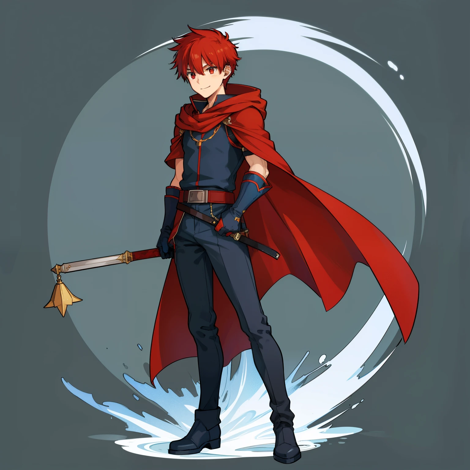 (high-quality, breathtaking),(expressive eyes, perfect face) 1male, boy , solo, young adult, short hair length, fluffy spiked hair, red hair, red eyes, sky blue hooded cape, hood up, grey background, symmetrical eyes, full body, portrait, symmetrical body, centred composition, gloves, boots, fantasy attire, mage profession, fire emblem, smile, positive expression, blue and white robe, black under shirt, black baggy pants, kind face, simple background
