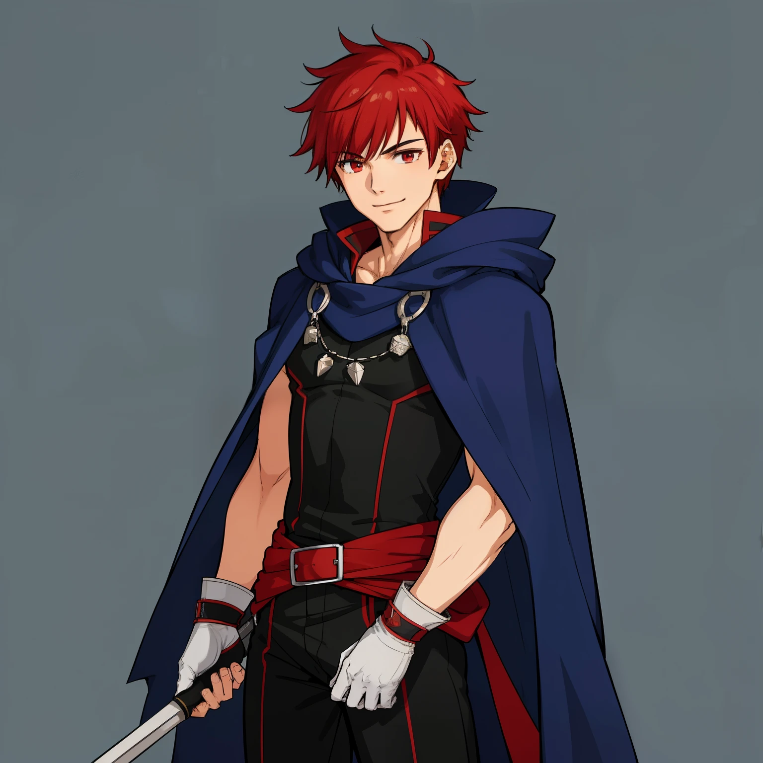 (high-quality, breathtaking),(expressive eyes, perfect face) 1male, boy , solo, young adult, short hair length, fluffy spiked hair, red hair, red eyes, sky blue hooded cape, hood up, grey background, symmetrical eyes, full body, portrait, symmetrical body, centred composition, gloves, boots, fantasy attire, mage profession, fire emblem, smile, positive expression, blue and white robe, black under shirt, black baggy pants, kind face, simple background
