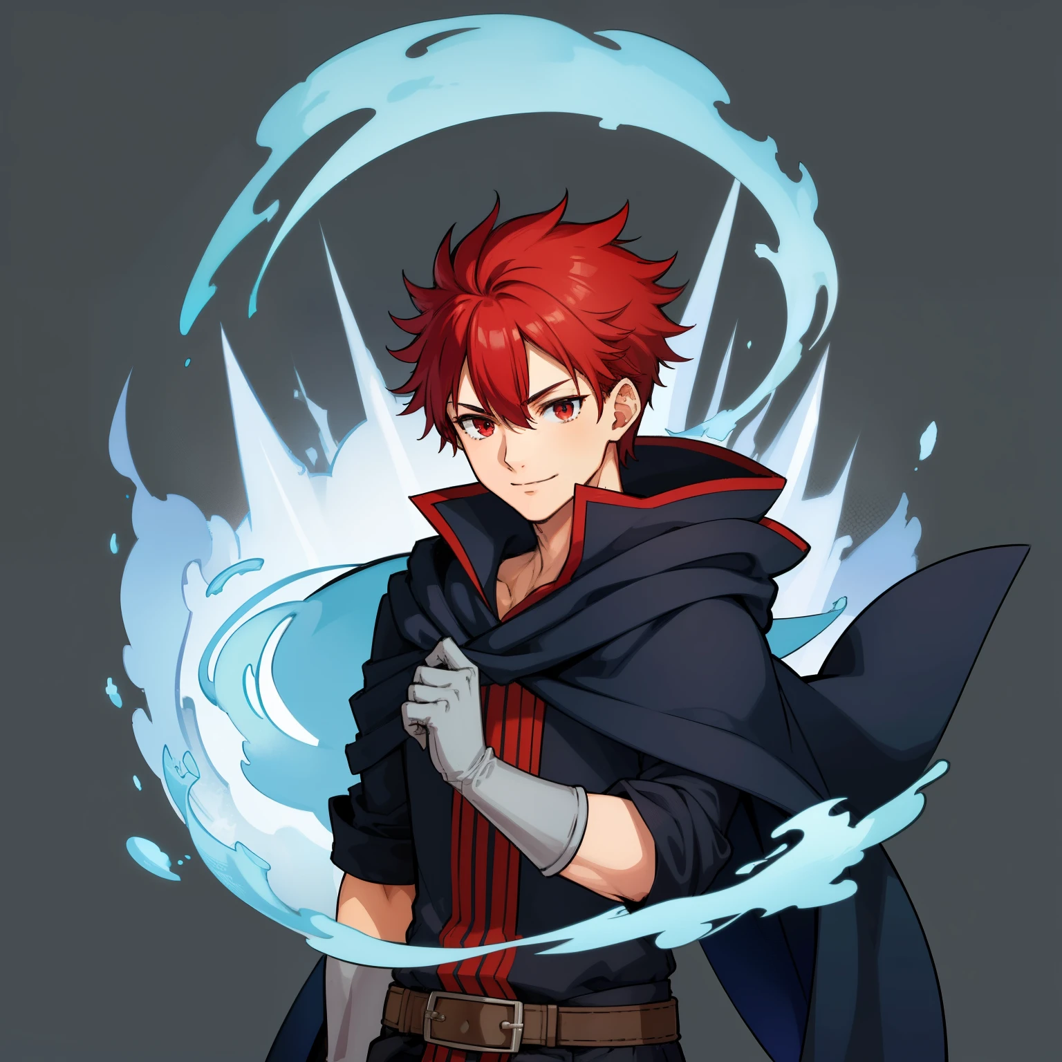 (high-quality, breathtaking),(expressive eyes, perfect face) 1male, boy , solo, young adult, short hair length, fluffy spiked hair, red hair, red eyes, sky blue hooded cape, hood up, grey background, symmetrical eyes, full body, portrait, symmetrical body, centred composition, gloves, boots, fantasy attire, mage profession, fire emblem, smile, positive expression, blue and white robe, black under shirt, black baggy pants, kind face, simple background
