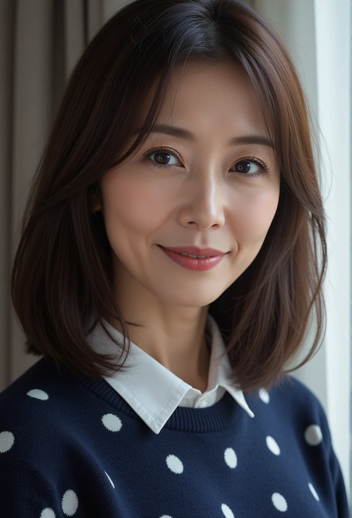 Mature Woman, ( detailed description of hair ), (Detailed description of the face), (Detailed description of the body), high definition , masterpiece,  top quality, ( high detail, formal: 1.4), ( realistic : 1.2, 超 realistic な: 1.1, Realistic: 1.37), ( sharp focus : 1.4),  depth of field,  physically-based rendering ,  sadistic, ((medium hair )) ,  unrivaled beauty , (Ultimate beauty), (48 years old,: 1.4), Japanese、(( Closeup :1.5))、 fine lines of laughter :1.2、( navy polka dot sweater:1.2)),(( blurry background))、