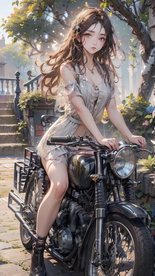 (masterpiece, Highest quality:1.2), A girl straddles a bike, alone, 