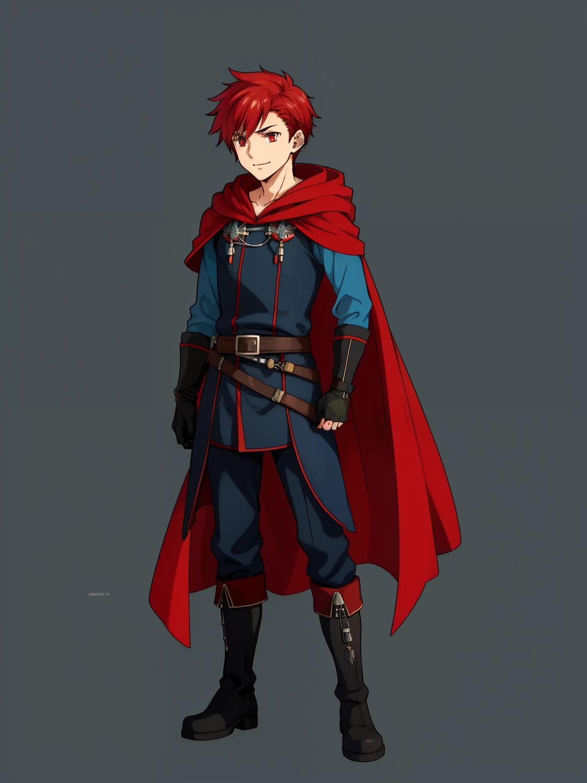 (high-quality, breathtaking),(expressive eyes, perfect face) 1male, boy , solo, young adult, short hair length, spiked hair, red hair, red eyes, sky blue hooded cape, hood up, grey background, symmetrical eyes, full body, portrait, symmetrical body, centred composition, gloves, boots, fantasy attire, mage profession, fire emblem, smile, positive expression, blue and white robe, black under shirt, black baggy pants, kind face, simple background
