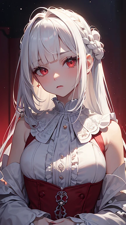 One Girl、Gray Hair、Long Hair、Straight Hair、Red eyes、Embarrassed、blush、Big Breasts、valley、Maid clothes、Black Background、Eyes Wide Open、Yandere