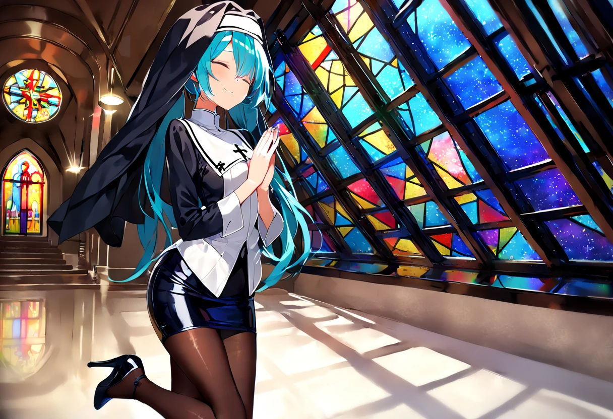 (hatsune miku:1.2), (gleaming skin, shiny skin:1.4), (nun clothes, pencil skirt:1.4), (pantyhose:1.4), (high heels:1.4), (closed eye, holy pray:1.4), (cowboy shot:1.4), (luxurious penthouse, indoor rooftop cathedral, stained glass:1.4), (midnight:1.4),