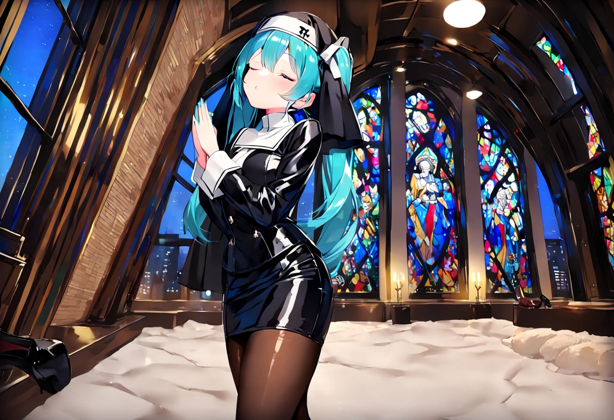 (hatsune miku:1.2), (gleaming skin, shiny skin:1.4), (nun clothes, pencil skirt:1.4), (pantyhose:1.4), (high heels:1.4), (closed eye, holy pray:1.4), (cowboy shot:1.4), (luxurious penthouse, indoor rooftop cathedral, stained glass:1.4), (midnight:1.4),