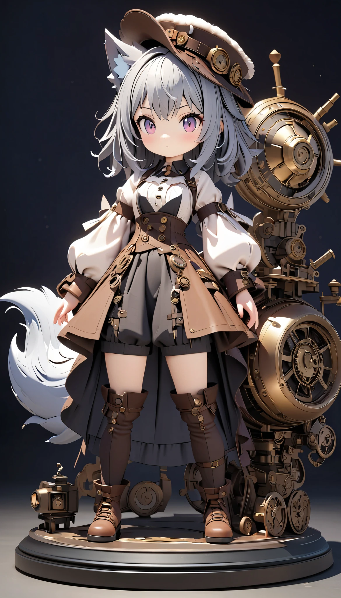 (masterpiece:1.2), ( top quality:1.2),  super high resolution,  very detailed, Wolf Girl, Gray Hair,  Steampunk Outfit,  Silk Hat , flaffy tail, Clockwork Bird , cute,  white background , 3d style, 3D Figures, whole body,  3d rendering,  oc rendering , 8k, from front, stand up