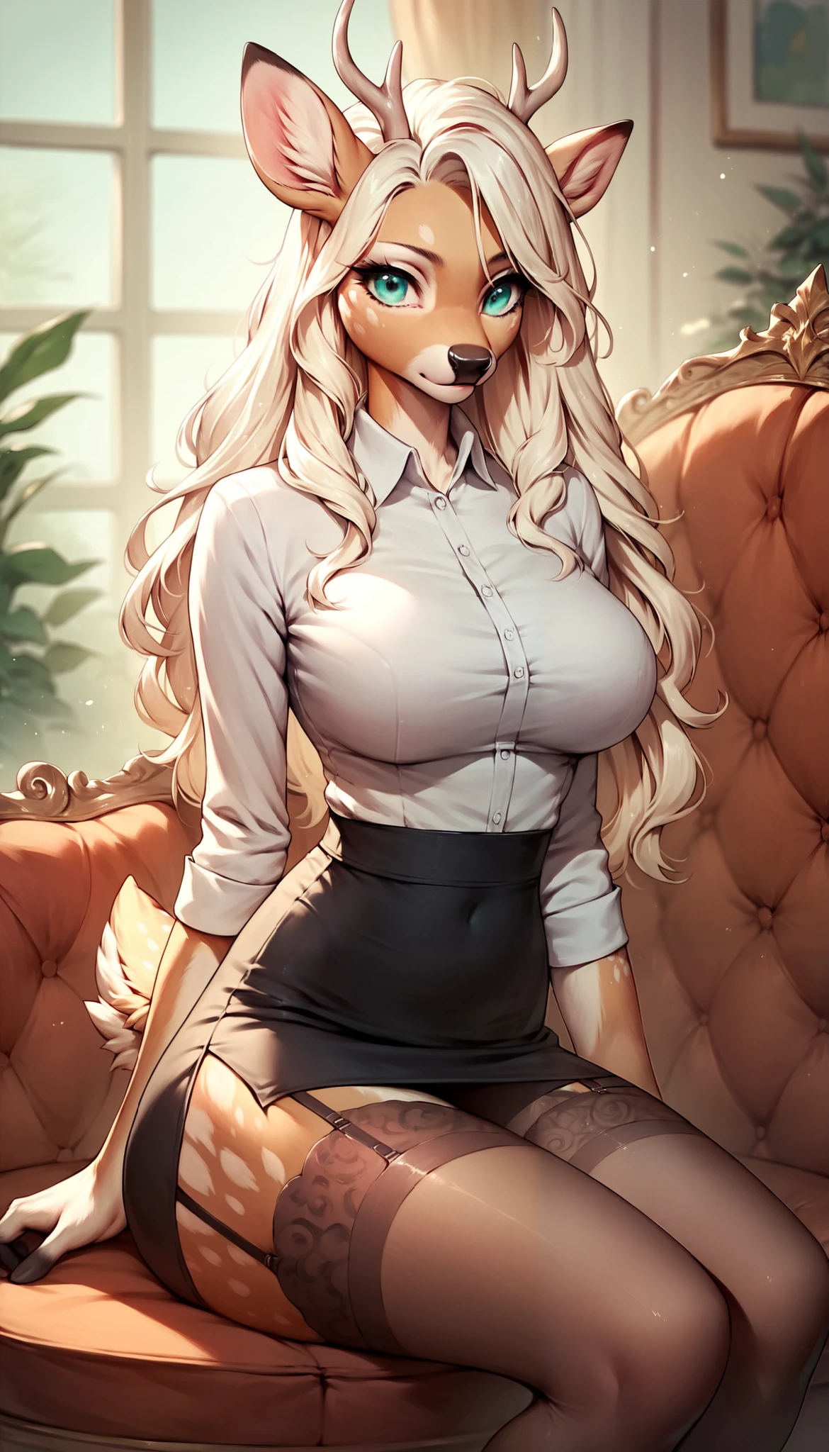 score_9, score_8_up, score_7_up, score_6_up, score_5_up, score_4_up, (solo), female anthro deer, secretary clothes, tight skirt, lusty, fluffy body, long blond hair, turquoise eyes, garter belt tights, sits on the armchair, 