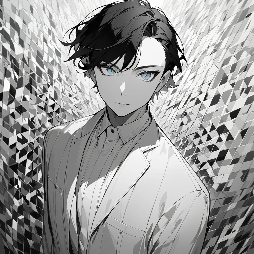 " A male character with short hair and gray ,  in a completely monochrome color palette ,  composed only of shades of gray and white .  His appearance is elegant and minimalist ,  with soft detailed features and expressive eyes in light gray .  He wears modern and stylized clothes ,  like a suit with geometric details, maintaining the monochrome style .  The lighting highlights the contrasts between the different shades of gray,  creating a dramatic and artistic effect .  The background is simple ,  in white or gray ,  to keep the focus on the character ."