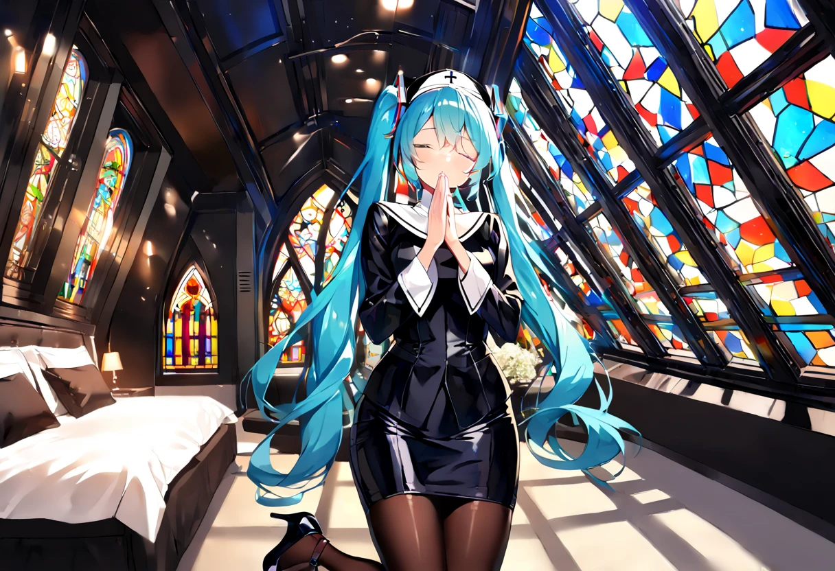 (hatsune miku:1.2), (gleaming skin, shiny skin:1.4), (nun clothes, pencil skirt:1.4), (pantyhose:1.4), (high heels:1.4), (closed eye, holy pray:1.4), (cowboy shot:1.4), (luxurious penthouse, indoor rooftop cathedral, stained glass:1.4), (midnight:1.4),