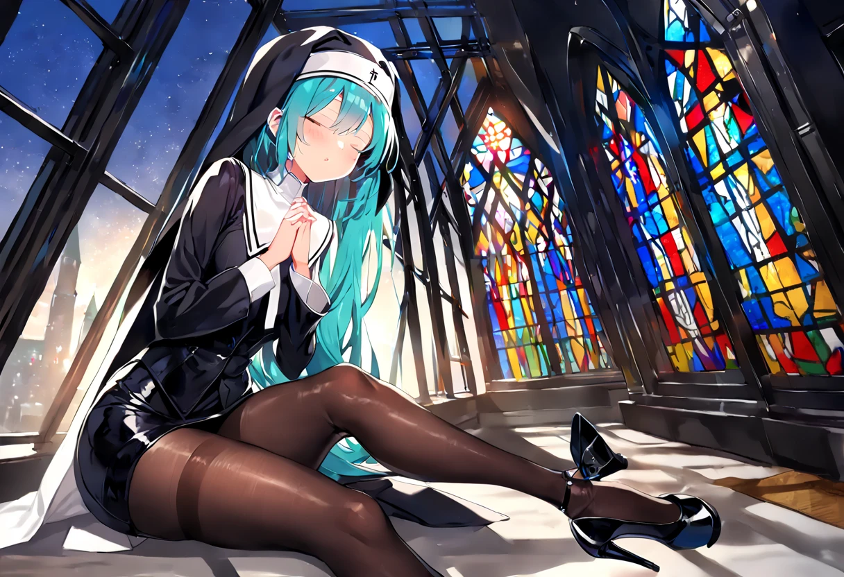 (hatsune miku:1.2), (gleaming skin, shiny skin:1.4), (nun clothes, pencil skirt:1.4), (pantyhose:1.4), (high heels:1.4), (closed eye, holy pray:1.4), (cowboy shot:1.4), (luxurious penthouse, indoor rooftop cathedral, stained glass:1.4), (midnight:1.4),