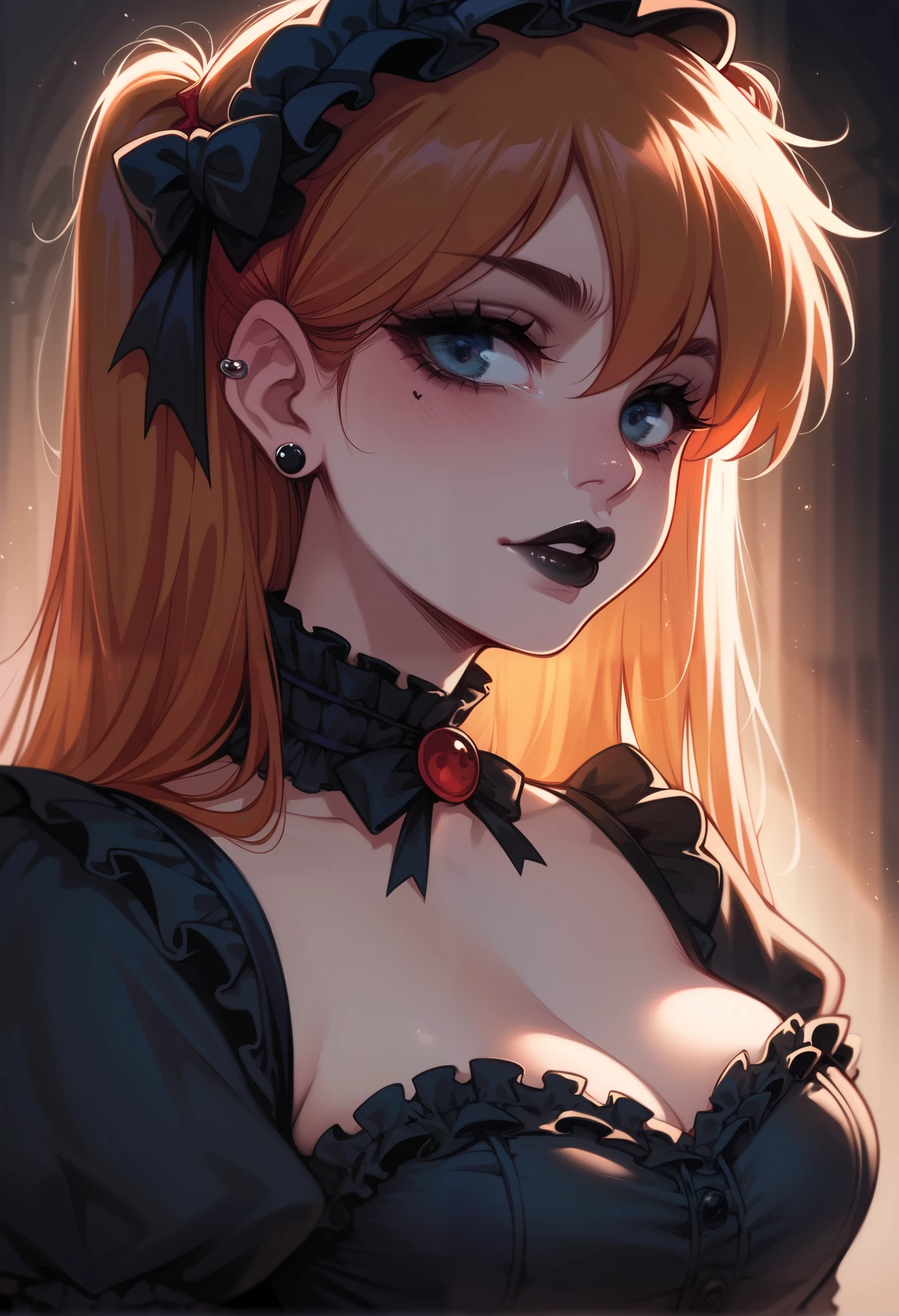 Made by melior mancin, Asuka Langley Soryu, gothic ta cosplay, piercings, black lipstick, stoic, spooky mansion, beautiful lighting and shadows,