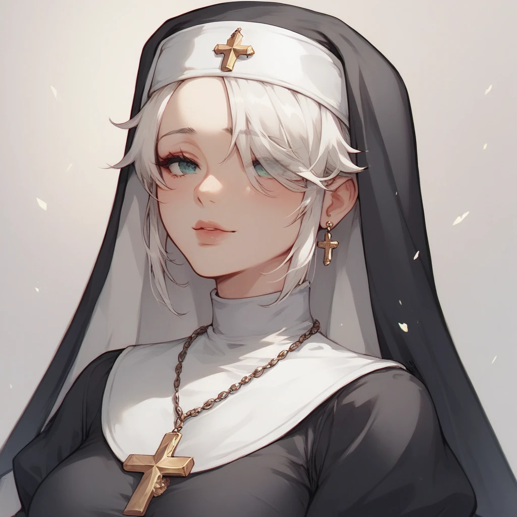 sexy woman,  white hair, cropped bangs falling over both eyes, wearing nun clothes, 