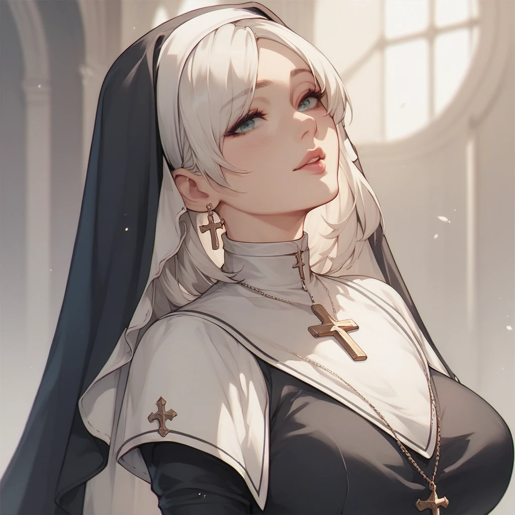 sexy woman,  white hair, cropped bangs falling over both eyes, wearing nun clothes, 