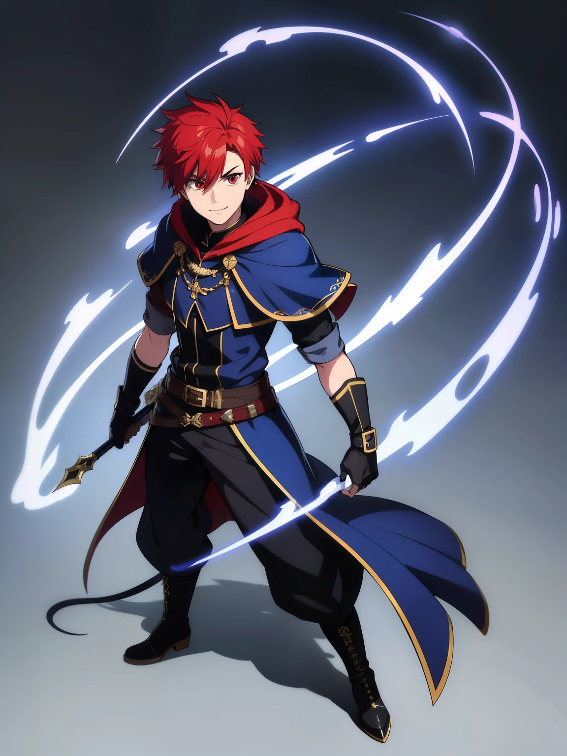 (high-quality, breathtaking),(expressive eyes, perfect face) 1male, boy , solo, young adult, short hair length, spiked hair, red hair color, red eye color, blue hooded cape, hood up, grey background, symmetrical eyes, full body, portrait, symmetrical body, centred composition, gloves, boots, fantasy attire, mage profession, fire emblem, smile, positive expression, blue and white shirt, black under shirt, black baggy pants
