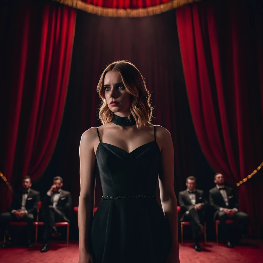 A dramatic medium shot of a young woman in an elegant black dress looking anxious and determined, standing on a dimly lit stage with red curtains framing the scene, dramatic spotlights illuminating her from behind, five men in tuxedos seated in the background, subtle tension in the atmosphere, shot with a Sony A7S III, 50mm f/1.4 lens, cinematic lighting with deep shadows and warm golden tones