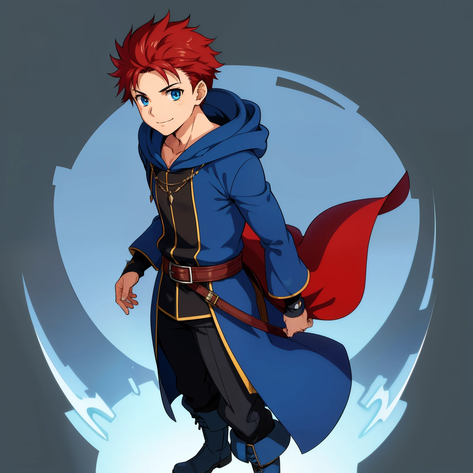 (high-quality, breathtaking),(expressive eyes, perfect face) 1male, boy , solo, young adult, short hair length, fluffy spiked hair, red hair and eyes, sky blue hooded cape, hood up, grey background, symmetrical eyes, full body, portrait, symmetrical body, centred composition, gloves, boots, fantasy attire, mage profession, fire emblem, smile, positive expression, blue and white robe, black under shirt, black baggy pants, kind face, simple background
