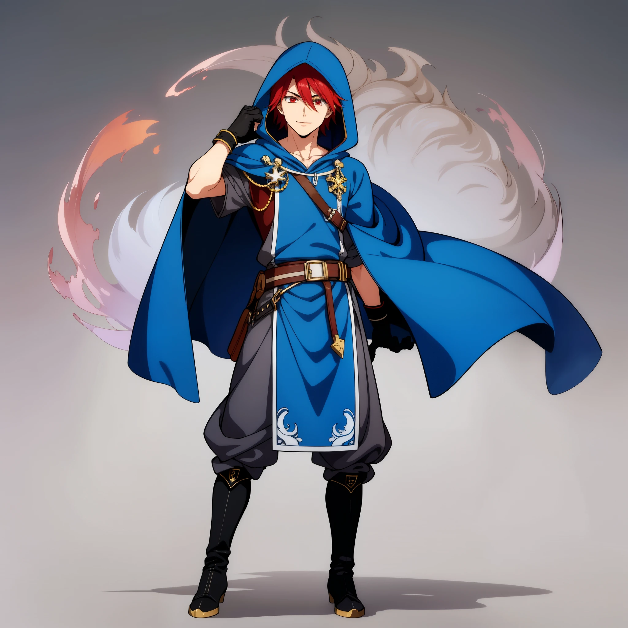 (high-quality, breathtaking),(expressive eyes, perfect face) 1male, boy , solo, young adult, short hair length, fluffy spiked hair, red hair, red eyes, sky blue hooded cape, hood up, grey background, symmetrical eyes, full body, portrait, symmetrical body, centred composition, gloves, boots, fantasy attire, mage profession, fire emblem, smile, positive expression, blue and white robe, black under shirt, black baggy pants, kind face, simple background
