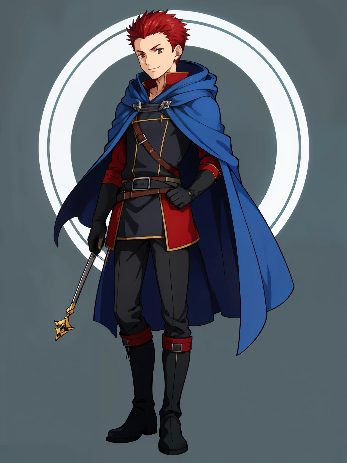 (high-quality, breathtaking),(expressive eyes, perfect face) 1male, boy , solo, young adult, short hair length, fluffy spiked hair, red hair, red eyes, sky blue hooded cape, hood up, grey background, symmetrical eyes, full body, portrait, symmetrical body, centred composition, gloves, boots, fantasy attire, mage profession, fire emblem, smile, positive expression, blue and white robe, black under shirt, black baggy pants, kind face, simple background
