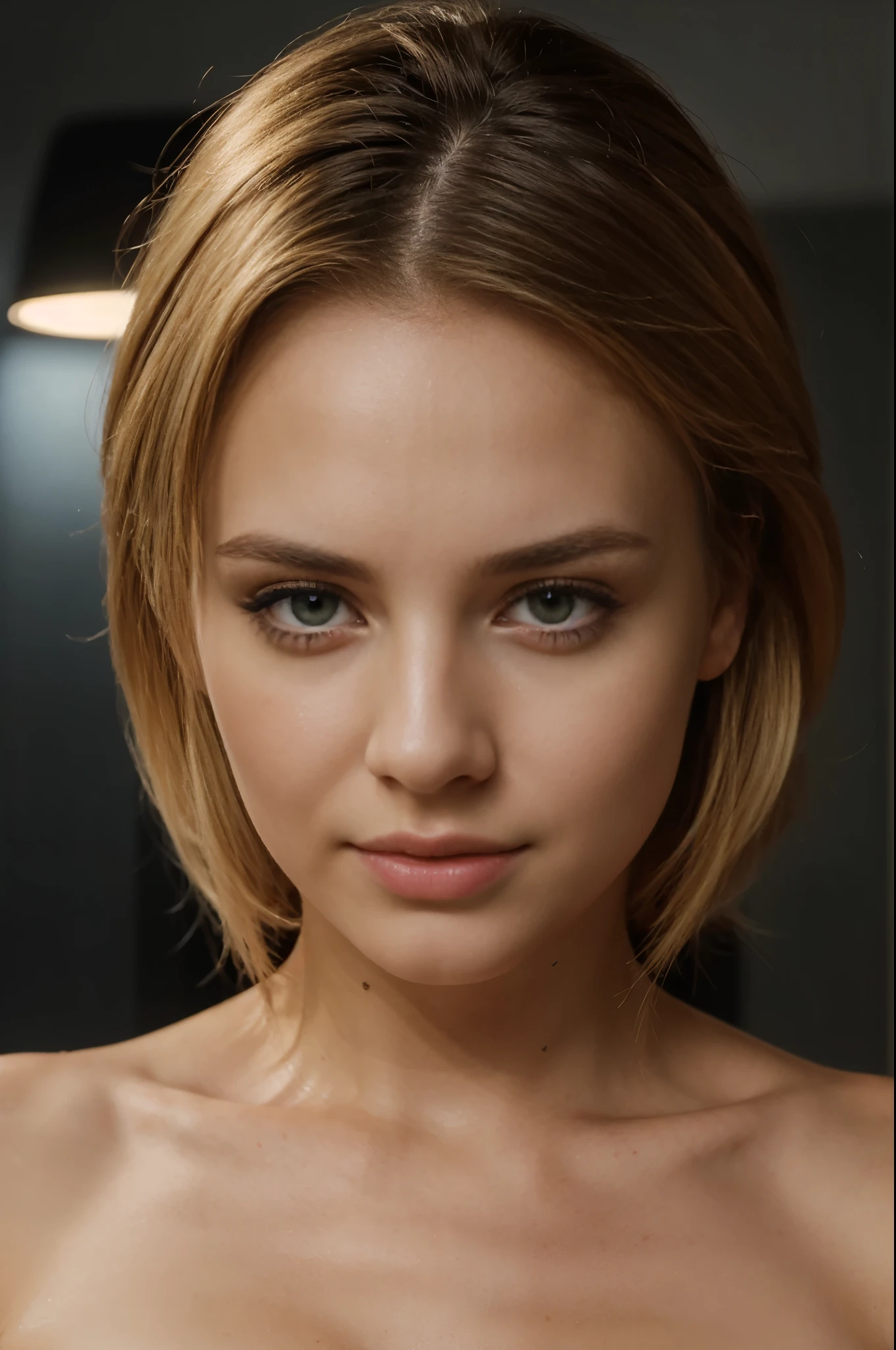 masterpiece, 8k, close up portrait of a fille sexy aux yeux bleus, ultra realist blonde skinny 29 years old russian woman, seductive eyes, slightly smiling, short hair, buzz haircut, looking straight into the camera, drawing attention to her, studio lighting.