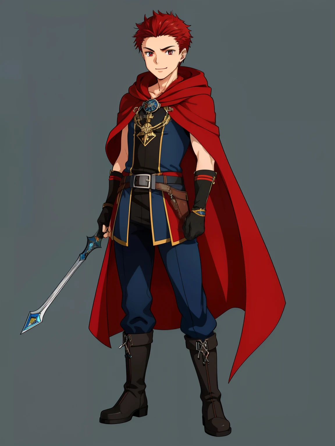 (high-quality, breathtaking),(expressive eyes, perfect face) 1male, boy , solo, young adult, short hair length, spiked hair, red hair color, red eye color, blue hooded cape, hood up, grey background, symmetrical eyes, full body, portrait, symmetrical body, centred composition, gloves, boots, fantasy attire, mage profession, fire emblem, smile, positive expression, blue and white robe, black under shirt, black baggy pants, kind face, simple background
