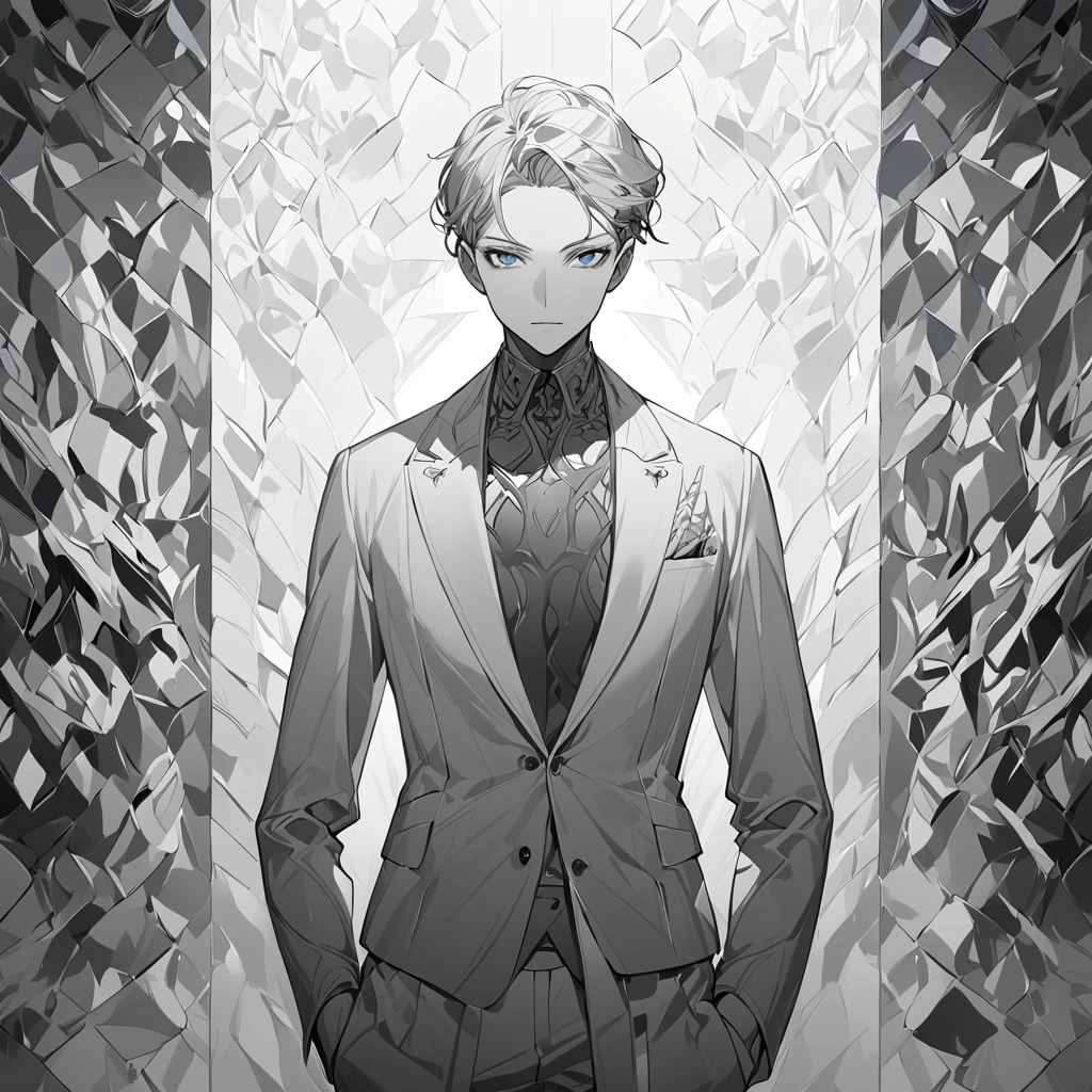 " A male character with short hair and gray ,  in a completely monochrome color palette ,  composed only of shades of gray and white .  His appearance is elegant and minimalist ,  with soft detailed features and expressive eyes in light gray .  He wears modern and stylized clothes ,  like a suit with geometric details, maintaining the monochrome style .  The lighting highlights the contrasts between the different shades of gray,  creating a dramatic and artistic effect .  The background is simple ,  in white or gray ,  to keep the focus on the character ."