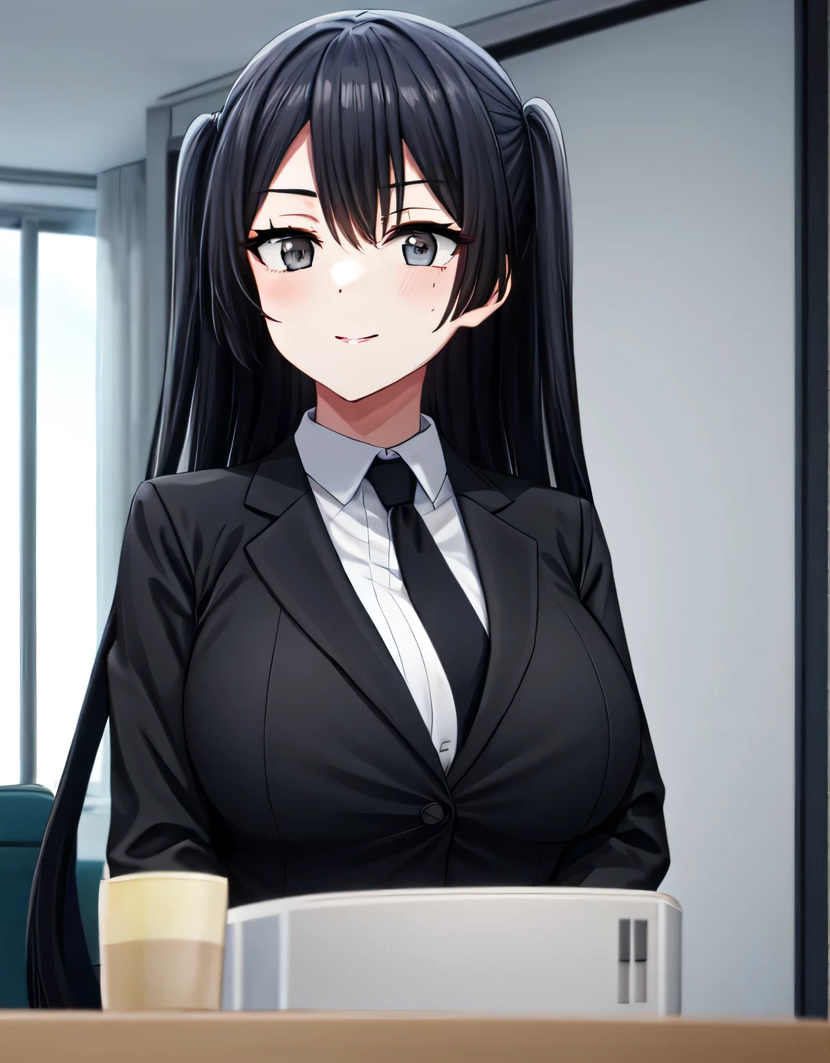 black skirt,closed mouth,lips,blush,indoor,officeroom,office lady,smile,black business suit,black formal suit,black jacket,white shirt,setsuna yuuki,long hair,bangs,black hair,sidelocks,(grey eyes:1.3),one side up,skirt,closed mouth,lips,blush,indoor,officeroom,office lady,smile,black business suit,black formal suit,black jacket,white shirt,indoor,(large breasts:1.55),(shiny,hair),((solo)),((masterpiece)),((best quality)),perfect anatomy,slim waist,perfect image,8k UHD,(beautiful detailed eyes:1.5),extremely detailed face,standing,(upper body:1.2),(look at the front:1.5),(arms behindback),ultra-detailed,absurdres,ultra-highres,