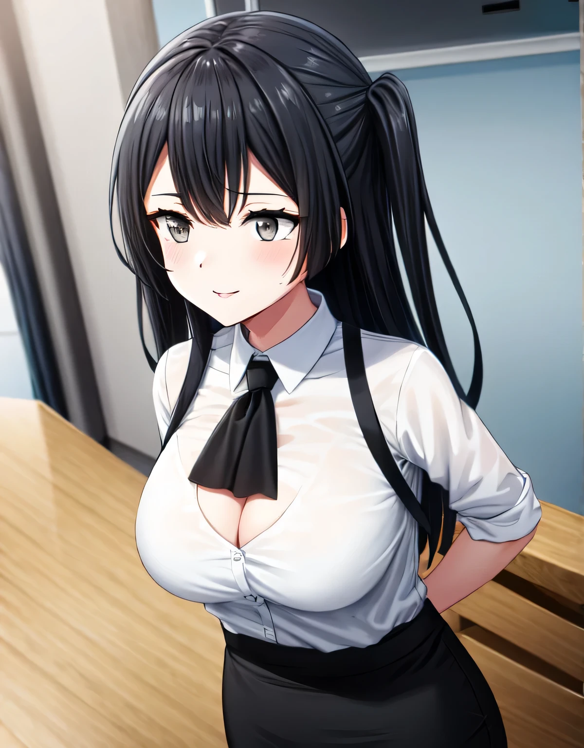 black skirt,closed mouth,lips,blush,indoor,officeroom,office lady,smile,black business suit,black formal suit,black jacket,white shirt,setsuna yuuki,long hair,bangs,black hair,sidelocks,(grey eyes:1.3),one side up,skirt,closed mouth,lips,blush,indoor,officeroom,office lady,smile,black business suit,black formal suit,black jacket,white shirt,indoor,(large breasts:1.55),(shiny,hair),((solo)),((masterpiece)),((best quality)),perfect anatomy,slim waist,perfect image,8k UHD,(beautiful detailed eyes:1.5),extremely detailed face,standing,(upper body:1.2),(look at the front:1.5),(arms behindback),ultra-detailed,absurdres,ultra-highres,