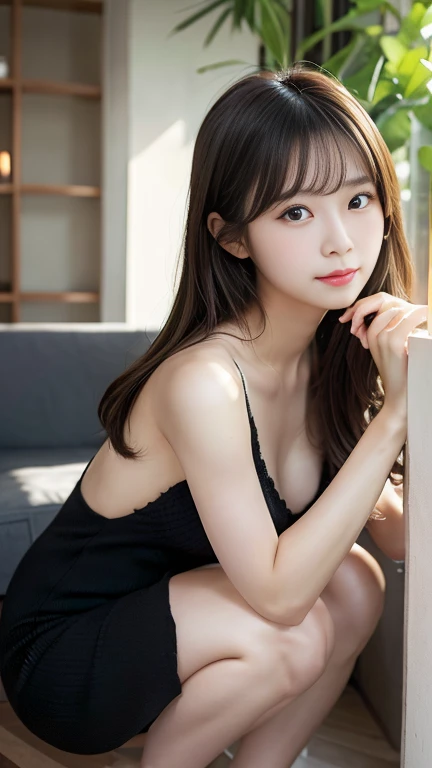 table top, highest quality, figure, super detailed, finely, High resolution, 8k wallpaper, 完璧なダイナミックな構figure, beautiful and fine eyes,Lying on the bed、On your back,small breasts natural color lip, sexy pose,smile,luxury home bedroom、20 year old girl、cute、looking at camera