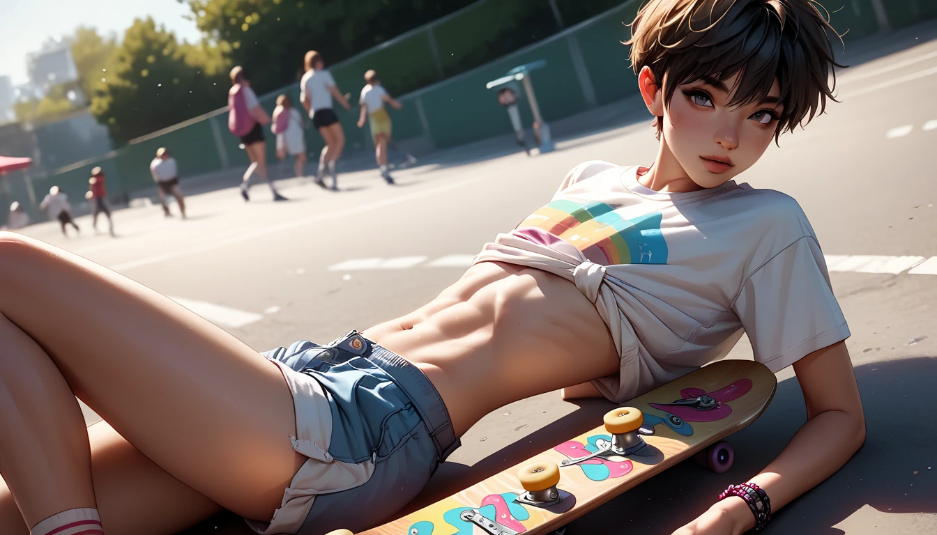 A chinese femboy, looking younger than aged 13, is at the skateboards park wearing only his fancy colored t-shirts and shorts with some friends, he is looking sexy and cute, skinny body, sweet face expressions, sexy pose, slims abs, in a sunny fantastic day in the nature.