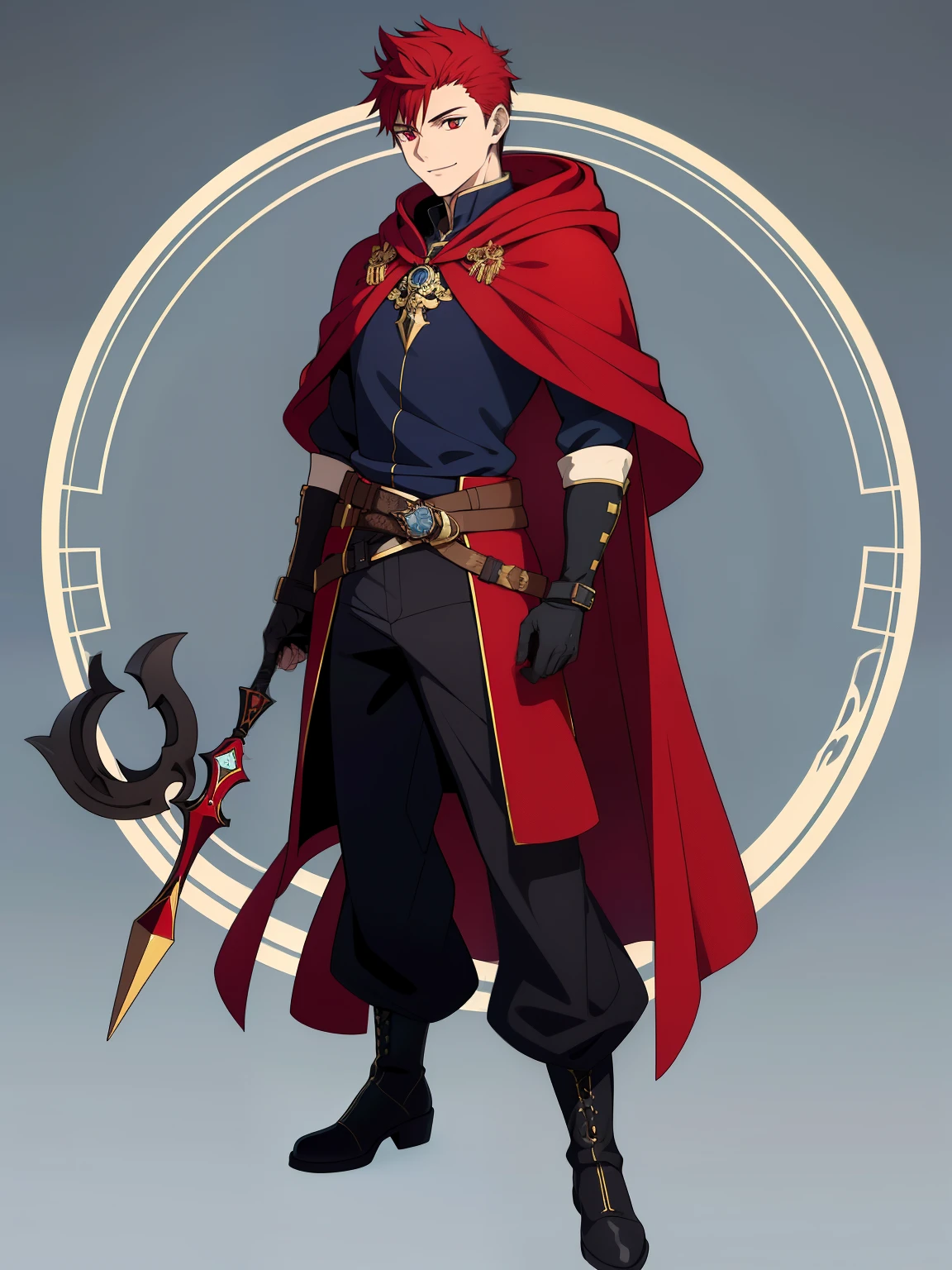 (high-quality, breathtaking),(expressive eyes, perfect face) 1male, boy , solo, young adult, short hair length, spiked hair, red hair color, red eye color, blue hooded cape, hood up, grey background, symmetrical eyes, full body, portrait, symmetrical body, centred composition, gloves, boots, fantasy attire, mage profession, fire emblem, smile, positive expression, blue and white robe, black under shirt, black baggy pants
