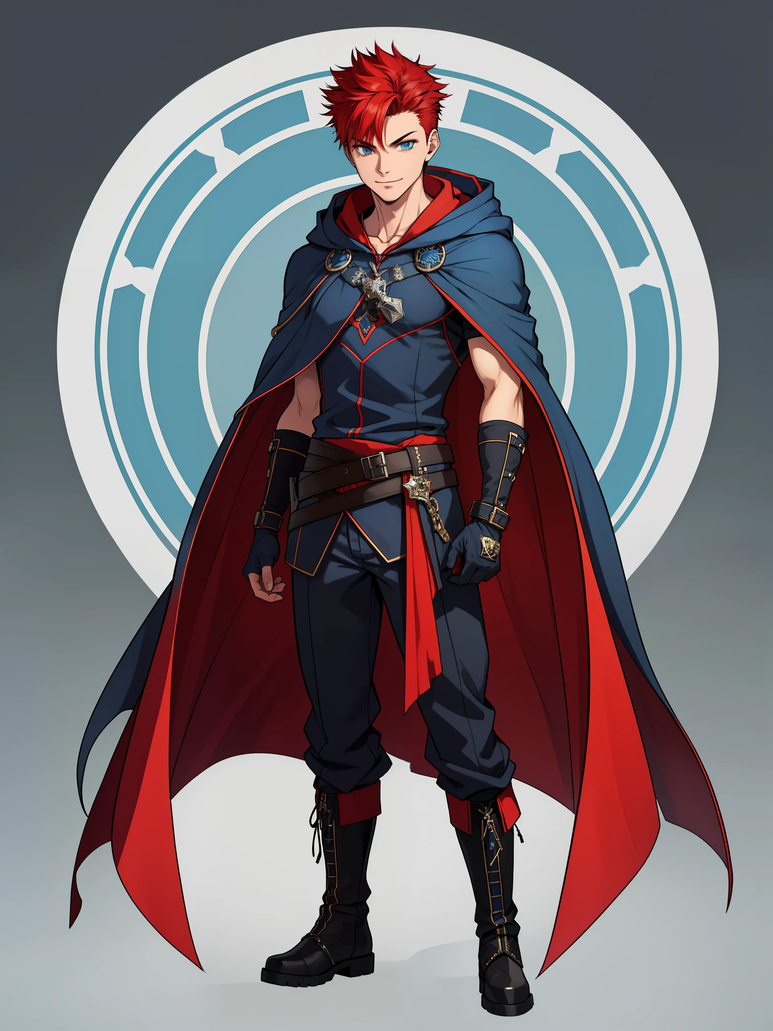 (high-quality, breathtaking),(expressive eyes, perfect face) 1male, boy , solo, young adult, short hair length, spiked hair, red hair color, red eye color, blue hooded cape, hood up, grey background, symmetrical eyes, full body, portrait, symmetrical body, centred composition, gloves, boots, fantasy attire, mage profession, fire emblem, smile, positive expression, blue and white robe, black under shirt, black baggy pants, kind face
