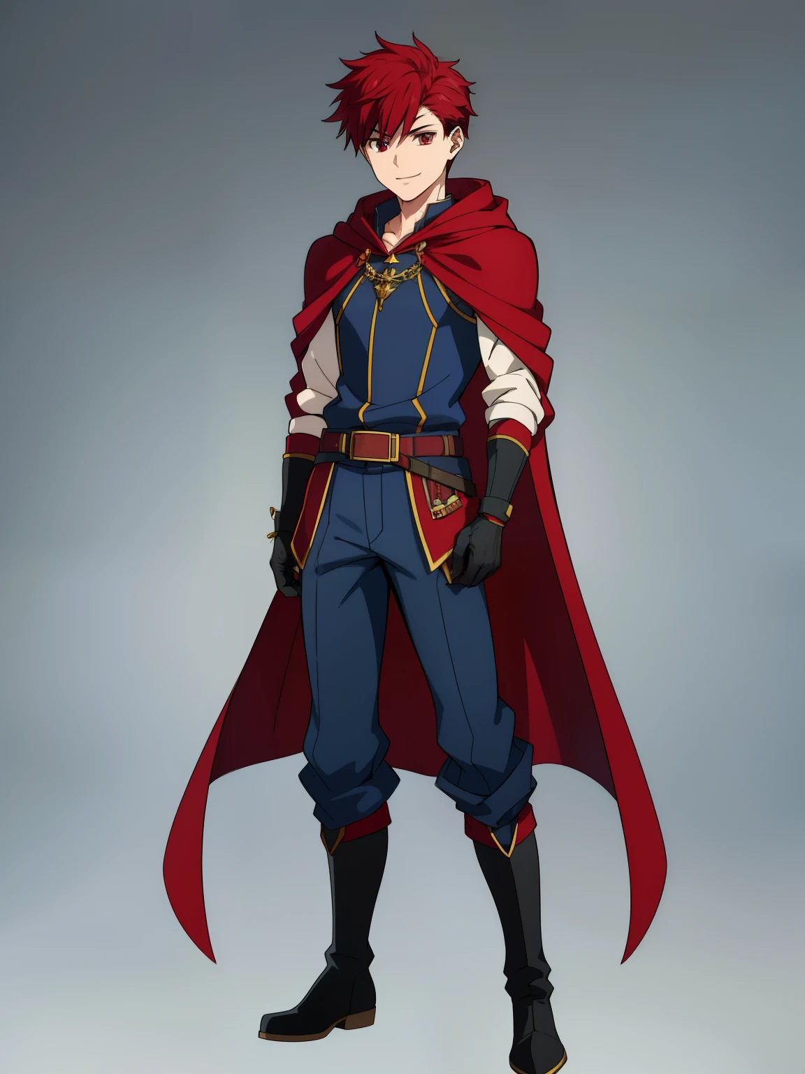 (high-quality, breathtaking),(expressive eyes, perfect face) 1male, boy , solo, young adult, short hair length, spiked hair, red hair color, red eye color, blue hooded cape, hood up, grey background, symmetrical eyes, full body, portrait, symmetrical body, centred composition, gloves, boots, fantasy attire, mage profession, fire emblem, smile, positive expression, blue and white robe, black under shirt, black baggy pants, kind face, simple background
