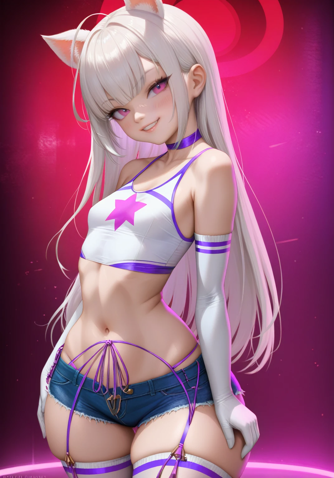 score_9, score_8_up, score_7_up, masterpiece, best quality, highly sexual poses, elinsdxl ,elinxl,1girl,solo, small animal ears, white hair, long hair, looking at viewer, skin indentation, blush, evil smile, smug, small breasts, crop top, short shorts, wide hips, thick thighs, elbow gloves, thigh highs, short, shortstack, dynamic pose, curvy, photorealistic,perfect face, narrow shoulders, SakimiStyle, nightclub,
