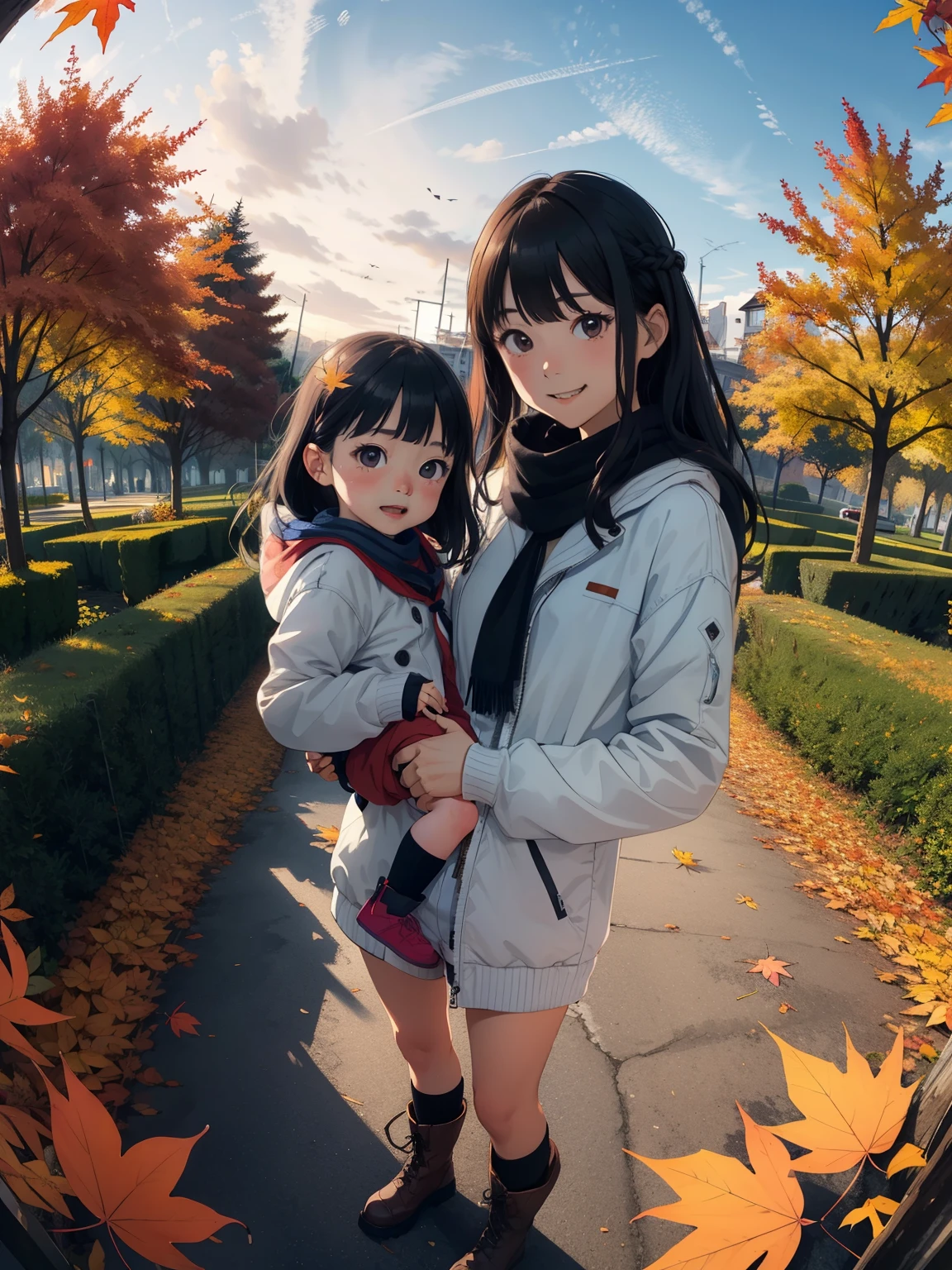  Masterpiece ， top quality，  high image quality，( super flat， Flat Shading )， beautiful black hair   ， fisheye lens，Cute petite trained young mother and very cute trained ****** daughter :1.25，  warm scarf ，  Long Sleeve Sailor Suit  ， down jacket ，(naked)，  long hair，    boots，smile, smile，White Breath，fun, play，Autumn park garden， Fall Leaves 　Autumn sky， ローストしたSweet potatoが入った紙袋を持っている  ，Sweet potato，dusk，  Beautiful Sunsets  ，Wide angle，  bright color ，watercolor, Ghibli style，Strong winds ， Girl Temptation，    girl&#39;Lure，