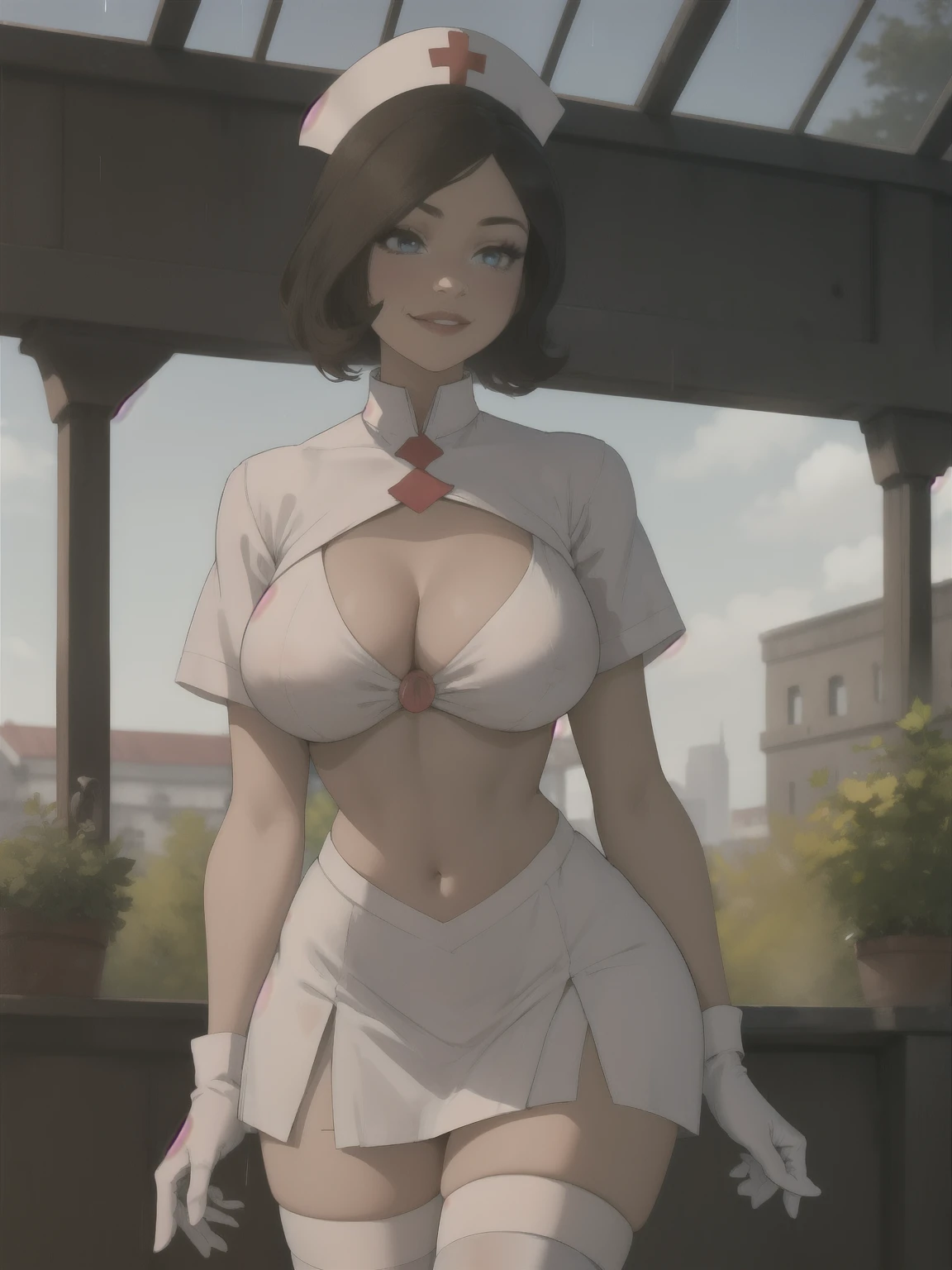 1 woman, nurse, School clothes, Gorra de nurse, white porcelain, ((  white stockings)),  white gloves , Blue eyes,  pink lipsticks , They are smiling, Standing, , short sleeve, an adult woman, ,  best quality  , masterpiece, nursing,  As the chest is shown, Chest escape, rain in the face, pose sensual, teta visible,  nude , big , half  nude ,  nude