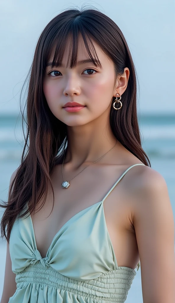  one girl,  high definition ,  High Quality , textured skin,   Ultra High Definition ,  very detailed, 最 High Quality ,  3d rendering,  realism, Sur realism, Heavy makeup、high nose、Beauty、}  clean eyes and nose 、 Japanese 、30 years old、Description of the whole body、Women surf 