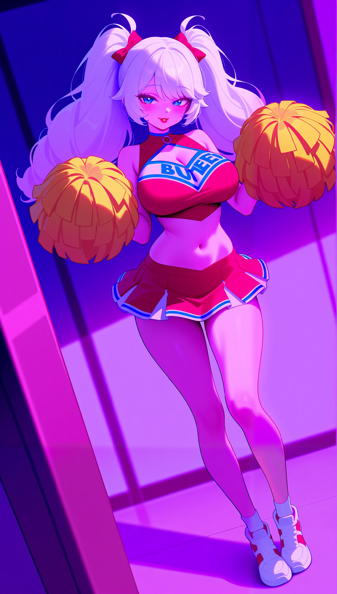 masterpiece, best quality, cinematic lens effect, highly dramatic picture, beautiful eyes , ultra cute, ultra sexy, ultra bouncy , beautifully shaped breasts, ultra detailed, 8k, horny, pervert, dutch angle, medium full length, ((Supermodel)), ((Busty Bitches)), Anime, blush, Beautiful Girl, Blush, freckles, White Hair, Voluminous Pigtails, Long Bangs, Blue Eyes, Sexy Cheerleader Uniform, All Happy, In Love, Blush, Naughty Look, Red Lips, In the Beautiful Room