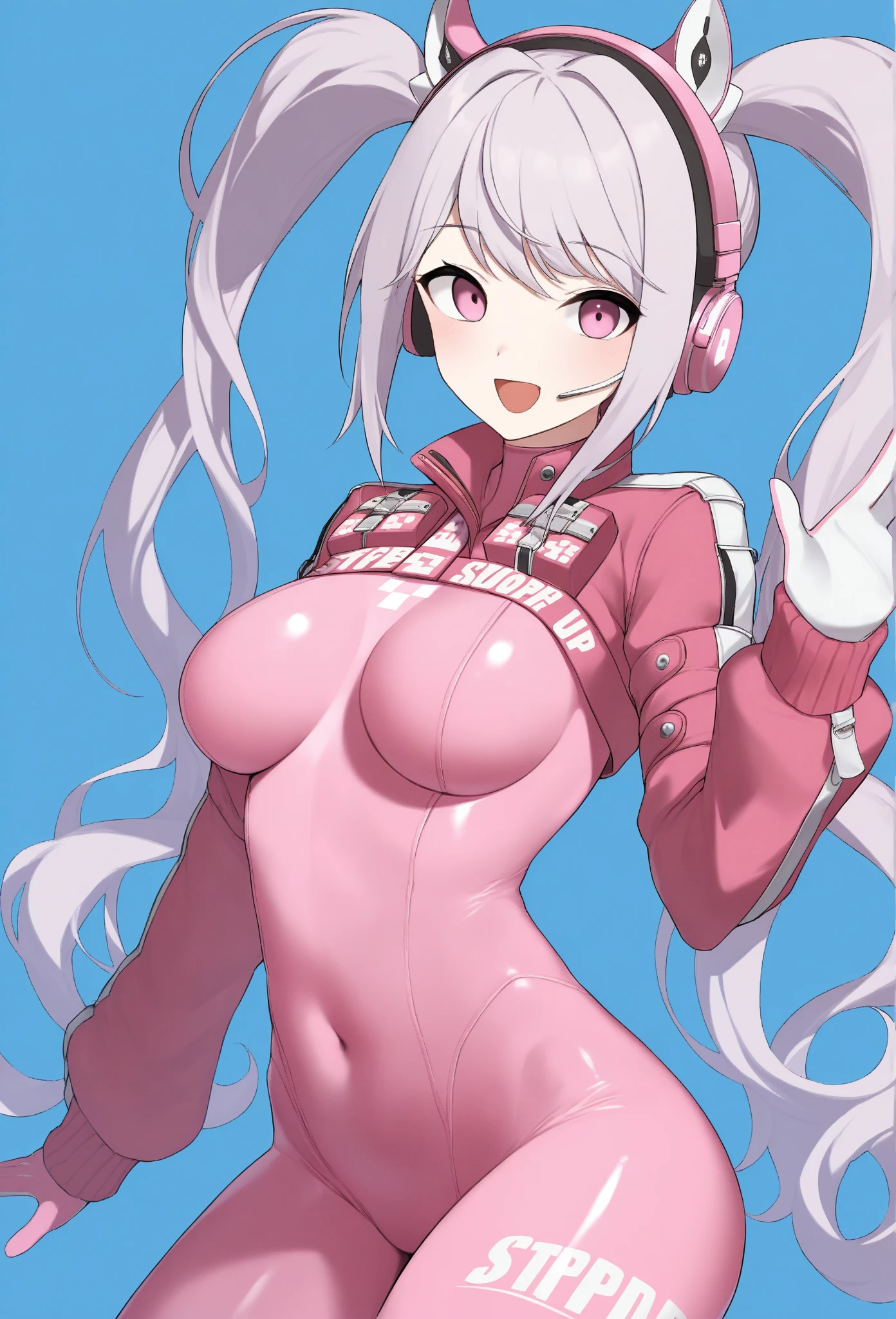 masterpiece,  top quality,  1 girl, Alone, Alice Def,  pink eye, Gray Hair,  twin tails,   very long hair, bangs,  headset, fake animal ears, animal ear headphones,  copy  \(clothing\),  Long Sleeve , medium breasts, Pink bodysuit,  latex bodysuit, multicolor gloves, Pink gloves,  white gloves, Waving , smile, :d,  open mouth,  viewers who stop at the edge,  blue background, ,  covered navel 