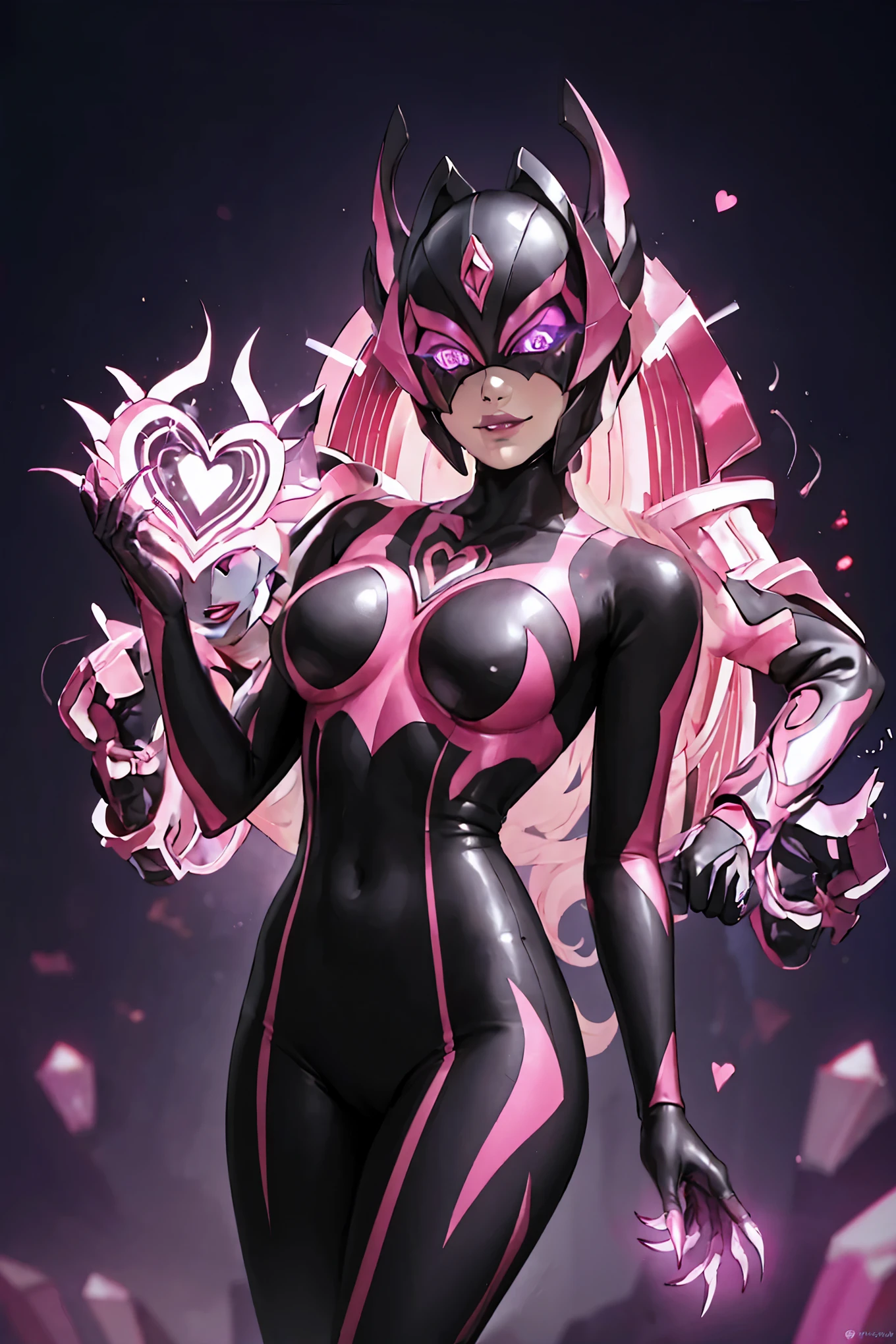 Dark UltraWoman. （high quality）（luster）（(Black Face and red eyeline)）（Black and purple thema color. black helmet. A full-face helmet. Pink lines. Purple glowing mechanical eyes. The whole body is covered with a black bodysuit. Thick legs. Spike decoration. Pink lines all over the body. Heart tattoo . purple coloreye. pink glow crystal. pink sharp claw. Night background.