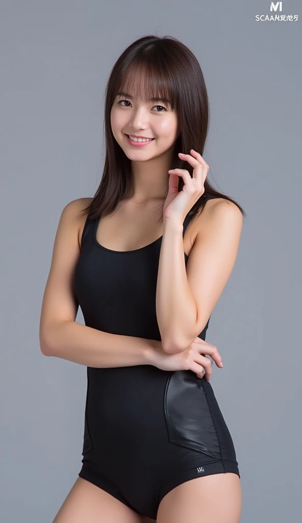  top quality,  very detailed,  realistic ,  very detailed肌,   natural facial wrinkles  ), (Alone), (( accurate anatomy)), (( Spread your legs and half squat  :1.5, )), (( wear a wet racing swimsuit:1.5,  super high cut racing swimsuit :1.5, The fabric area of a competitive swimsuit is reduced :1.7)),  Very Detailed Pretty Woman , Fabric covered nipples:1.3,  camel toe , ( saggy breasts during pregnancy), ( brown hair , straight hair up to shoulders ),  simple gray background, (( show viewers:1)), 