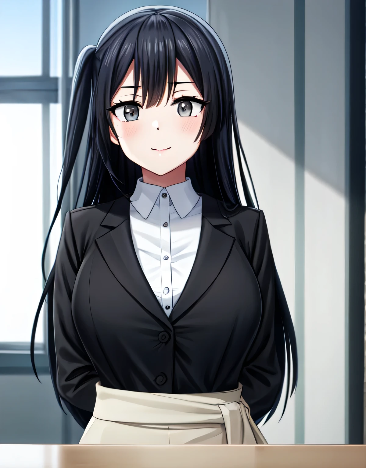 black skirt,closed mouth,lips,blush,indoor,officeroom,office lady,smile,black business suit,black formal suit,black jacket,white shirt,setsuna yuuki,long hair,bangs,black hair,sidelocks,(grey eyes:1.3),(one side up),skirt,closed mouth,lips,blush,indoor,officeroom,office lady,smile,black business suit,black formal suit,black jacket,white shirt,indoor,(large breasts:1.55),(shiny,hair),((solo)),((masterpiece)),((best quality)),perfect anatomy,slim waist,perfect image,8k UHD,(beautiful detailed eyes:1.5),extremely detailed face,standing,(upper body:1.2),(look at the front:1.5),(arms behindback),ultra-detailed,absurdres,ultra-highres,