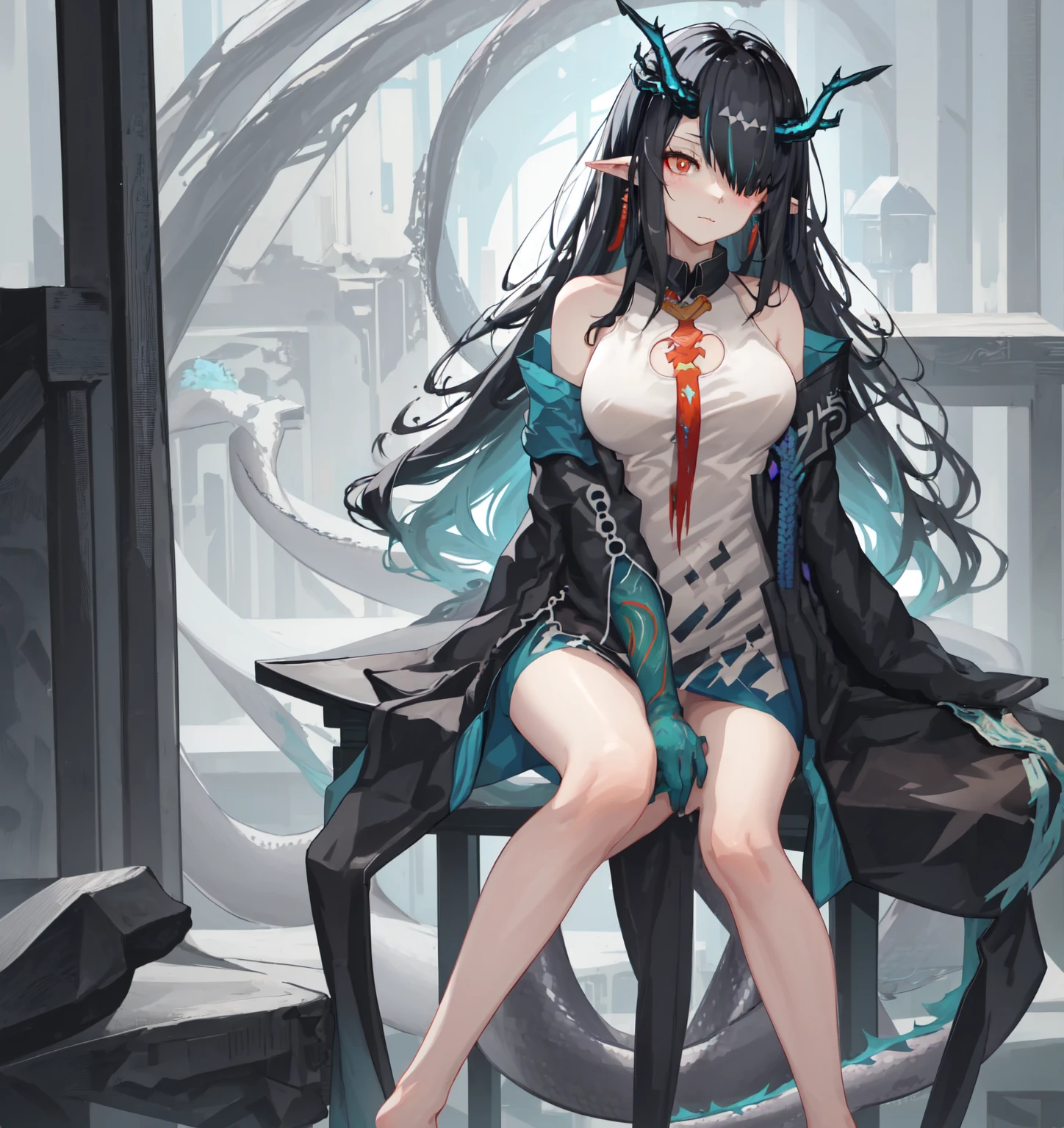 1girl, toenails, horns, dusk_(arknights), solo, toenail_polish, barefoot, feet, tail, pointy_ears, toes, black_hair, dress, long_hair, red_eyes, looking_at_viewer, nail_polish, dragon_horns, dragon_tail, multicolored_hair, breasts, blue_nails, official_alternate_costume, sitting, colored_skin, streaked_hair, blue_skin, jewelry, dragon_girl, china_dress, chinese_clothes, bare_legs, bare_shoulders, earrings, blush, legs, pelvic_curtain, blue_hair, bangs